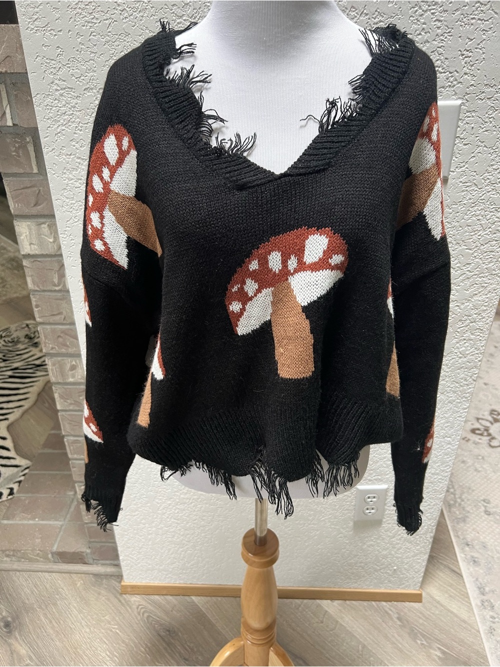 Just Polly Distressed Cottagecore Long Sleeve Black & Brown Mushroom Sweater